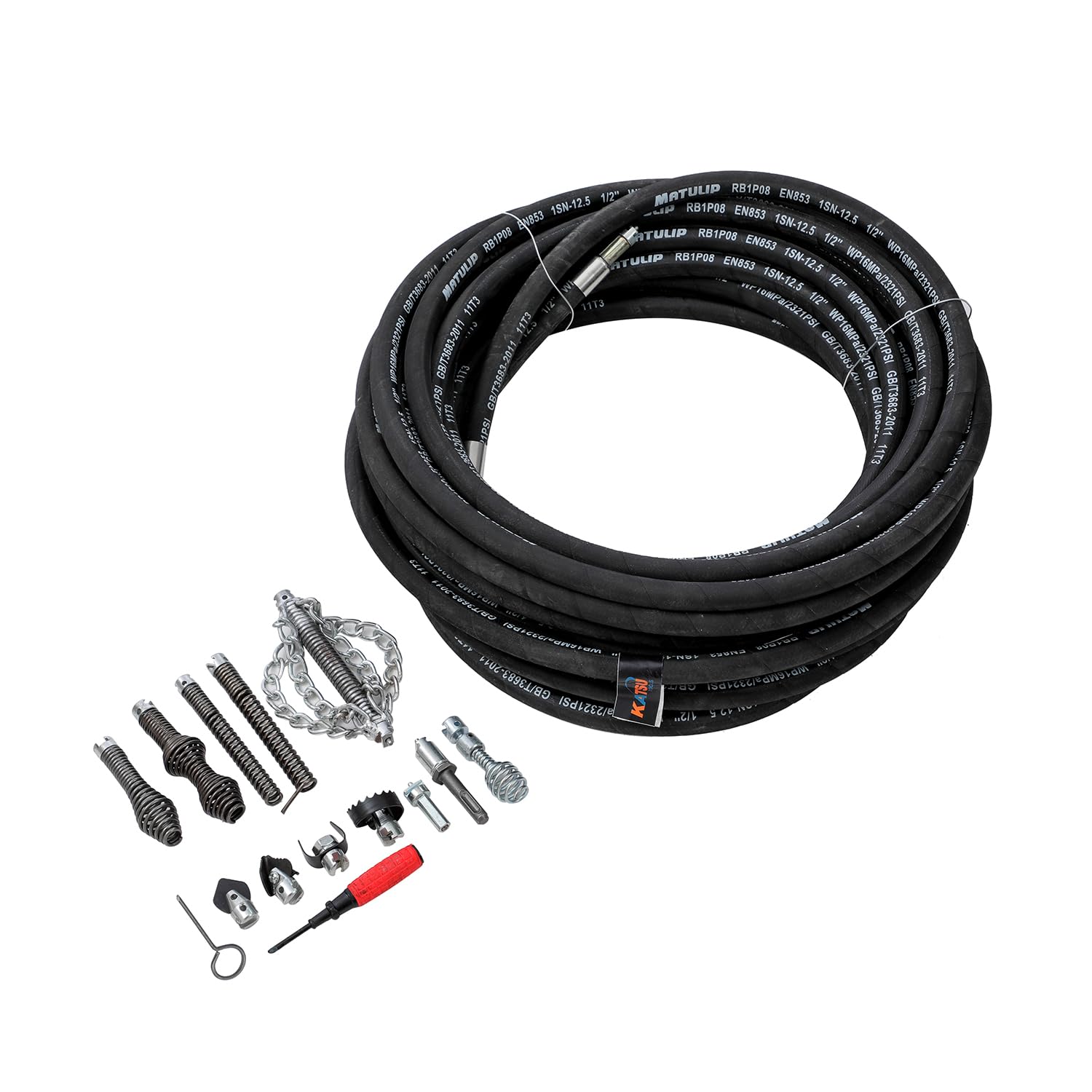 KATSU Tools 318734 Verstopfungsentfernungs-Set, 10 mm x 20 m, Abflussreinigungskabel-Bohraufsätze, Multi-Entkalkungsschneider und Ablaufkette, für Waschbecken, Toilette, Abflussbefreiung