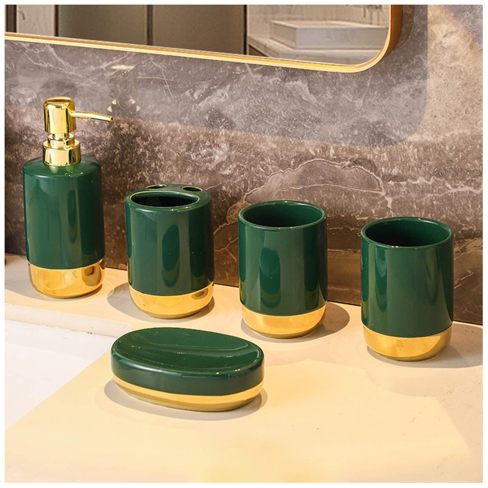 Juegos de Accesorios de baño, Acesorios Cuartos de Baño 5 Piezas con Dispensador Jabon Baño, Jabonera Baño, Porta Cepillo de Dientes, para Champú Gel de Ducha Cerámica Verde