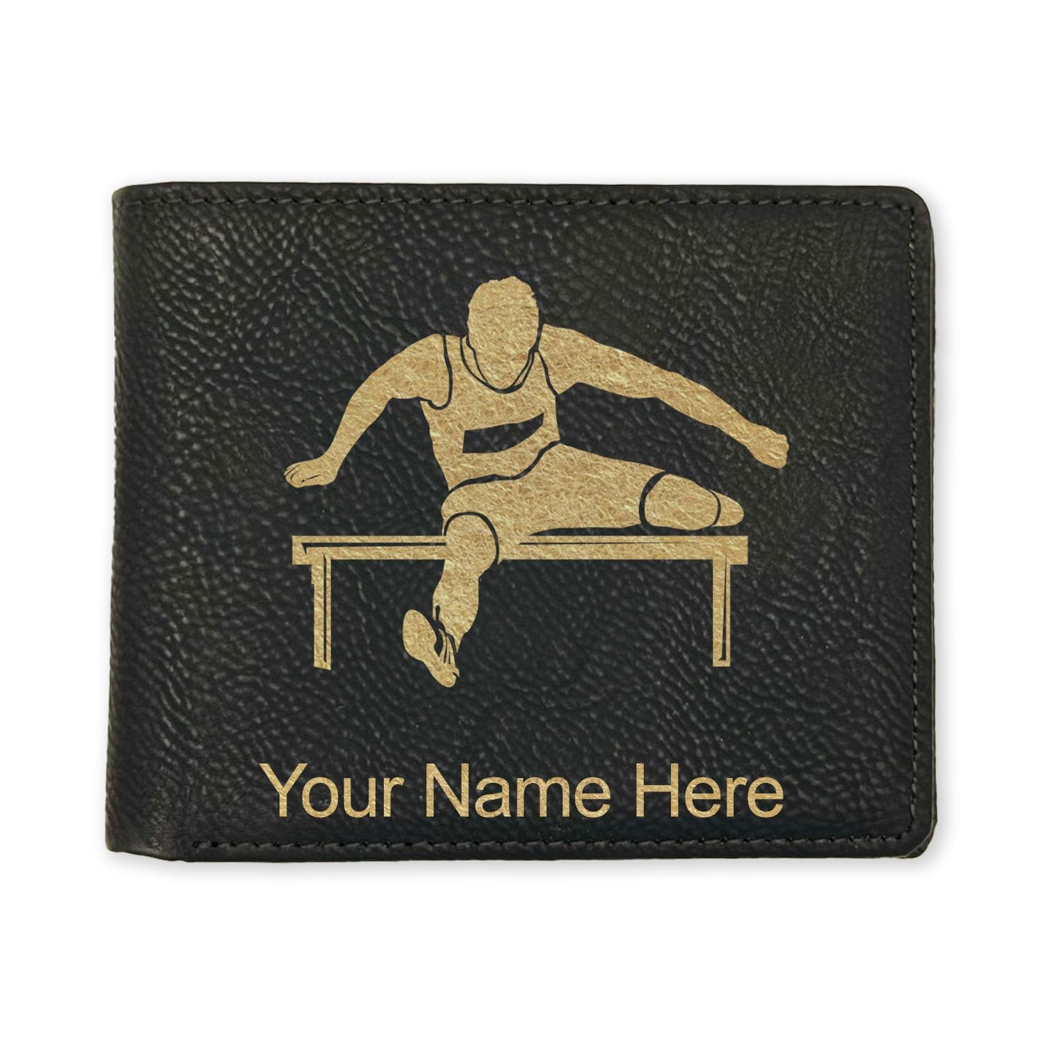 LaserGram Faux Leather Bi-Fold Wallet, Hurdles Man, Personalized Engraving Included (Black with Gold)
