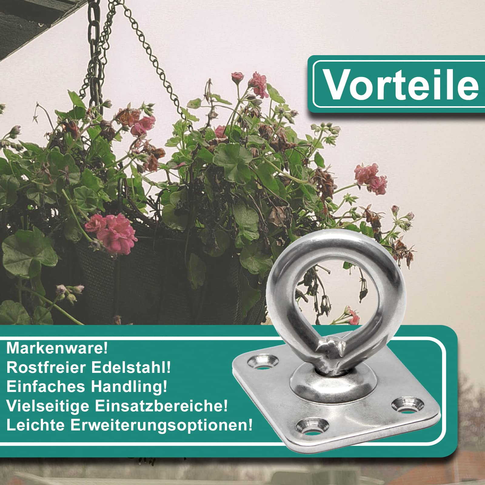 PRIOstahl Augplatte mit Wirbel Rechteckig Decksplatte Drehwirbel - 5 x 35 mm x 4 Stück Befestigung Mastplatte Halterung Aufhängen Anbinden für Boxsack drehbar um 360 Grad aus Edelstahl V2A