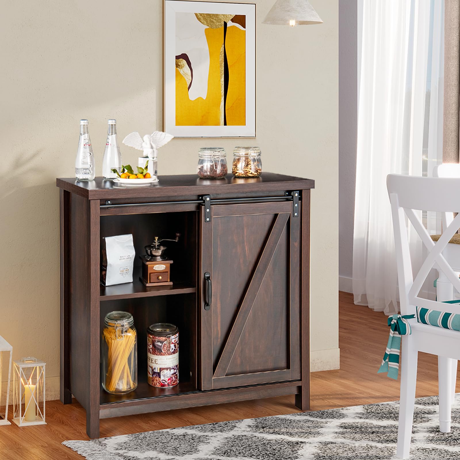 KOMFOTTEU Armario Buffet con 4 Compartimentos, Aparador de Cocina con Puerta Corredera de Granero, Mueble de Almacenamiento para Comedor, Salón, Pasillo, 80 x 40 x 82 cm, Marrón