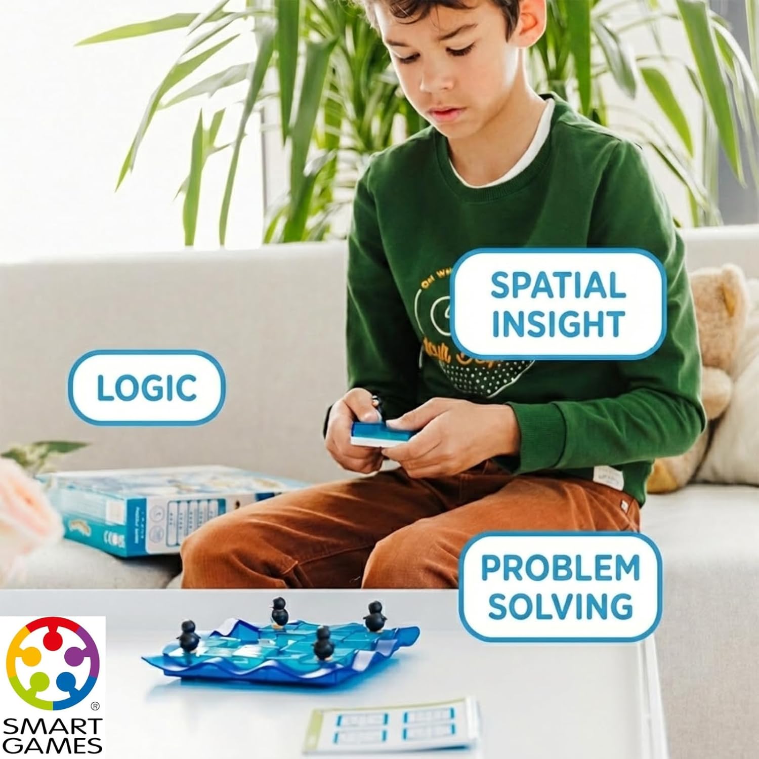 SmartGames Penguins on Ice – Sliding Logic Puzzle Game with 60 Challenges, STEM Brain Teaser for Kids Ages 6+, Travel-Friendly Single Player Puzzle