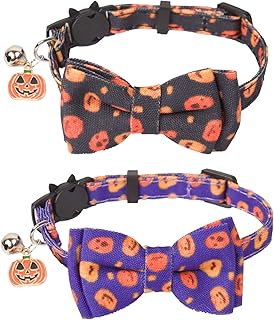 ADOGGYGO Halloween Cat Collar Breakaway with Bowtie Bell - 2 Pack Kitten Collar Pumpkin Cat Collars with Removable Bowtie Cat Bow Tie Collar for Cat Kitten (Halloween-1)