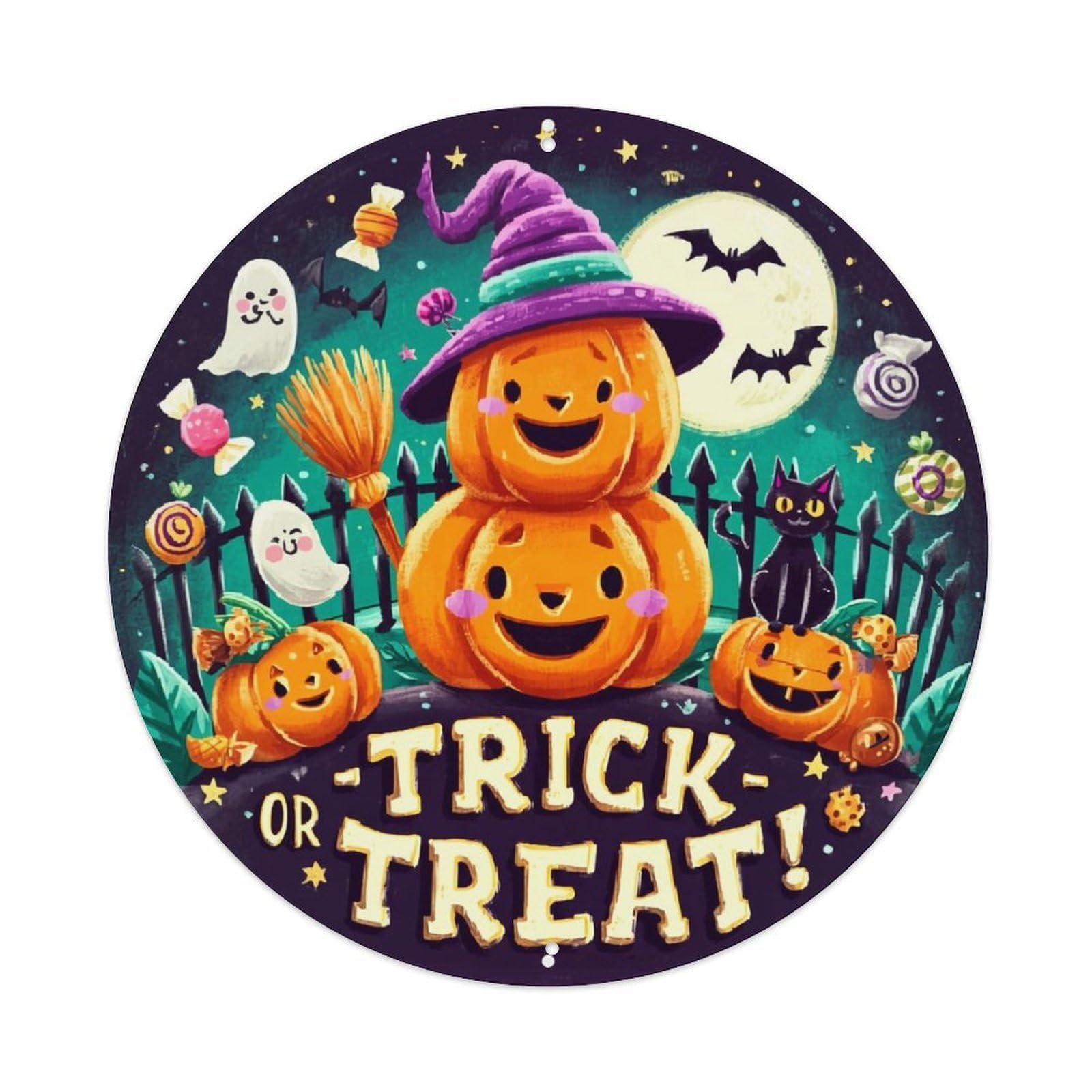 Jdyaojiesheng Vintage Trick Or Treat Pumpkin Witch Round Tin Sign Retro Metal Wall Decor Metal Poster, Home Bar Garage Farmhouse Cafe Wall Art Decoration 8X8inch