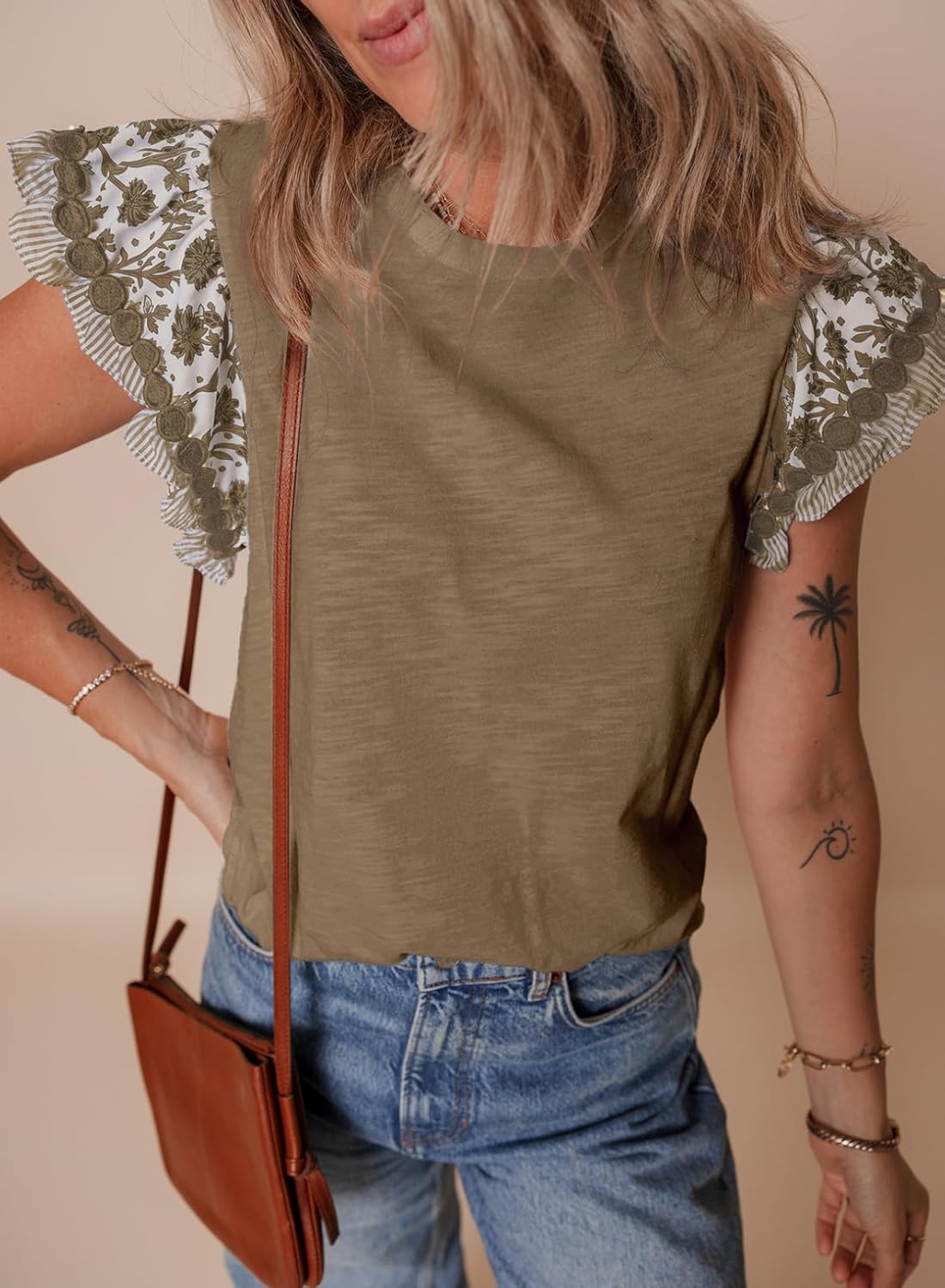 Acelitt Womens Summer Ruffle Short Sleeve Top Crewneck T Shirts Boho Floral Trim Casual Blouses - Image 6