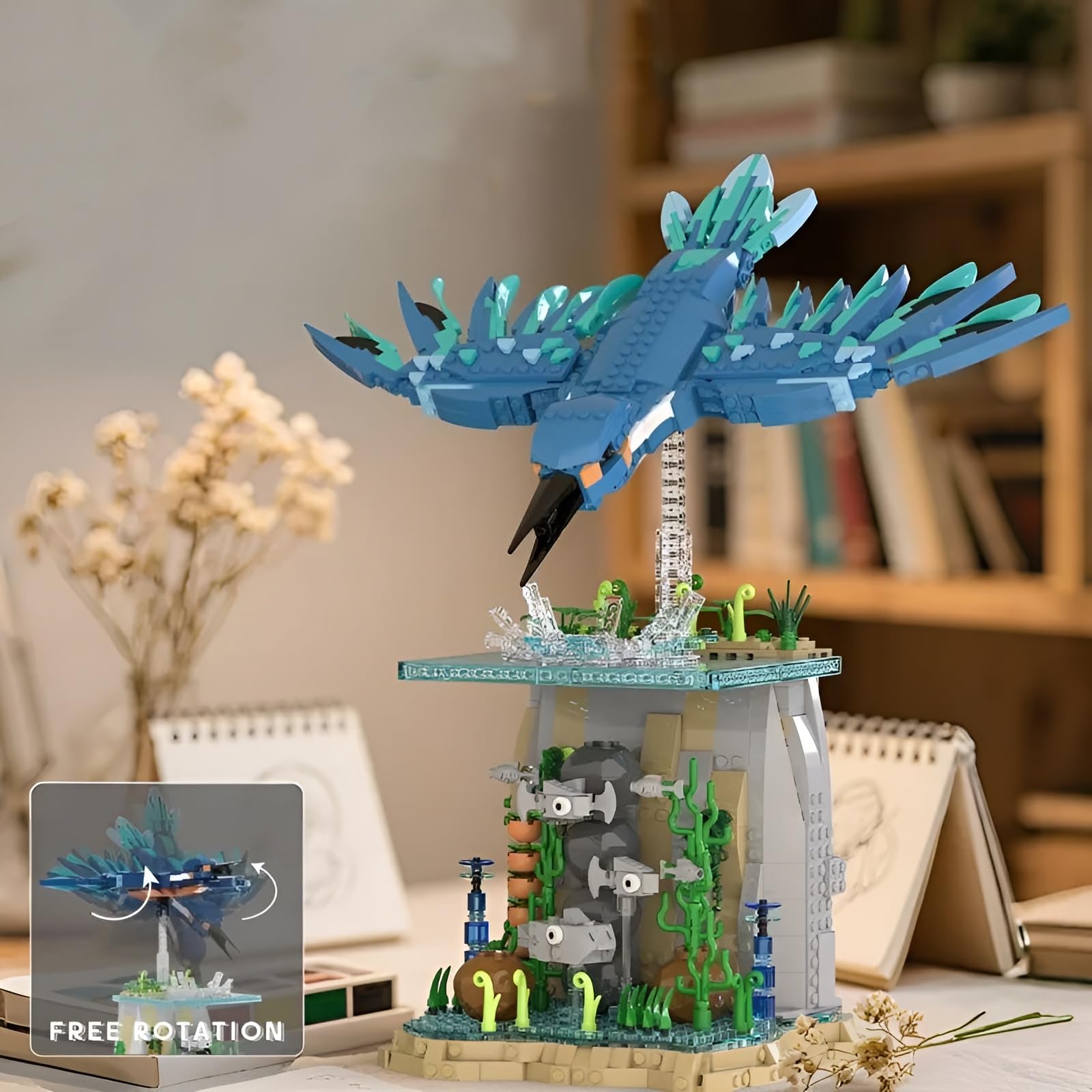 Eisfischer Tauch Meeres Tier Bausteine Satz, 1310 Teile Kreative Vogel Modell Spielzeug mit Anzeige Stand, Meeres Leben Vogel Szene Bauklötze Kit, Ideen Geschenke für Tierliebhaber Teens Erwachsene