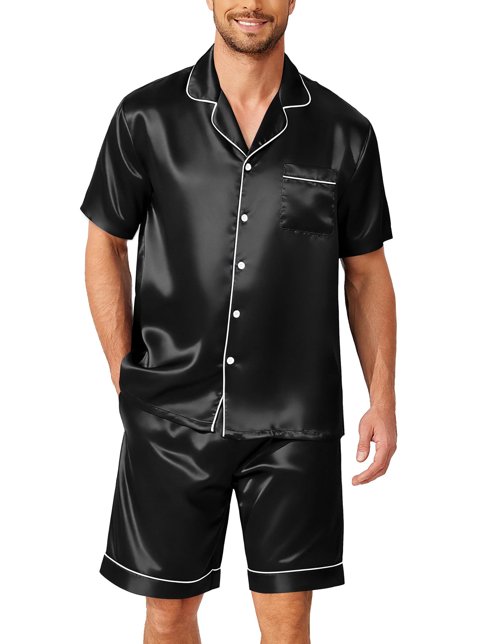 Mens Pajamas Set Silk Satin Sleepwear Short Sleeve Button Down Pjs Set 2 Piece Loungewear with Pockets S-XXL-image-14
