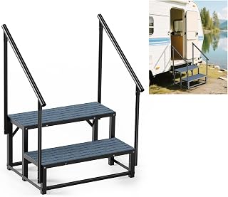VZNEK 2-Step RV Steps with 2 Handrails - Heavy Duty Non-Slip Hot Tub Steps for Camper Trailer Spa Safe for Seniors Kids