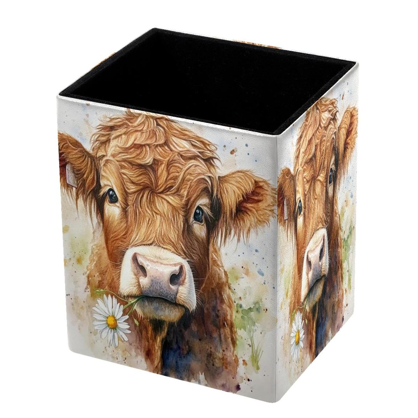 DragonBtu Desktop Pencil Holder, Watercolor Cow Rectangular Pencil Cup, Pencil Storage Bag Office Desk Supplies Case for School, Kids