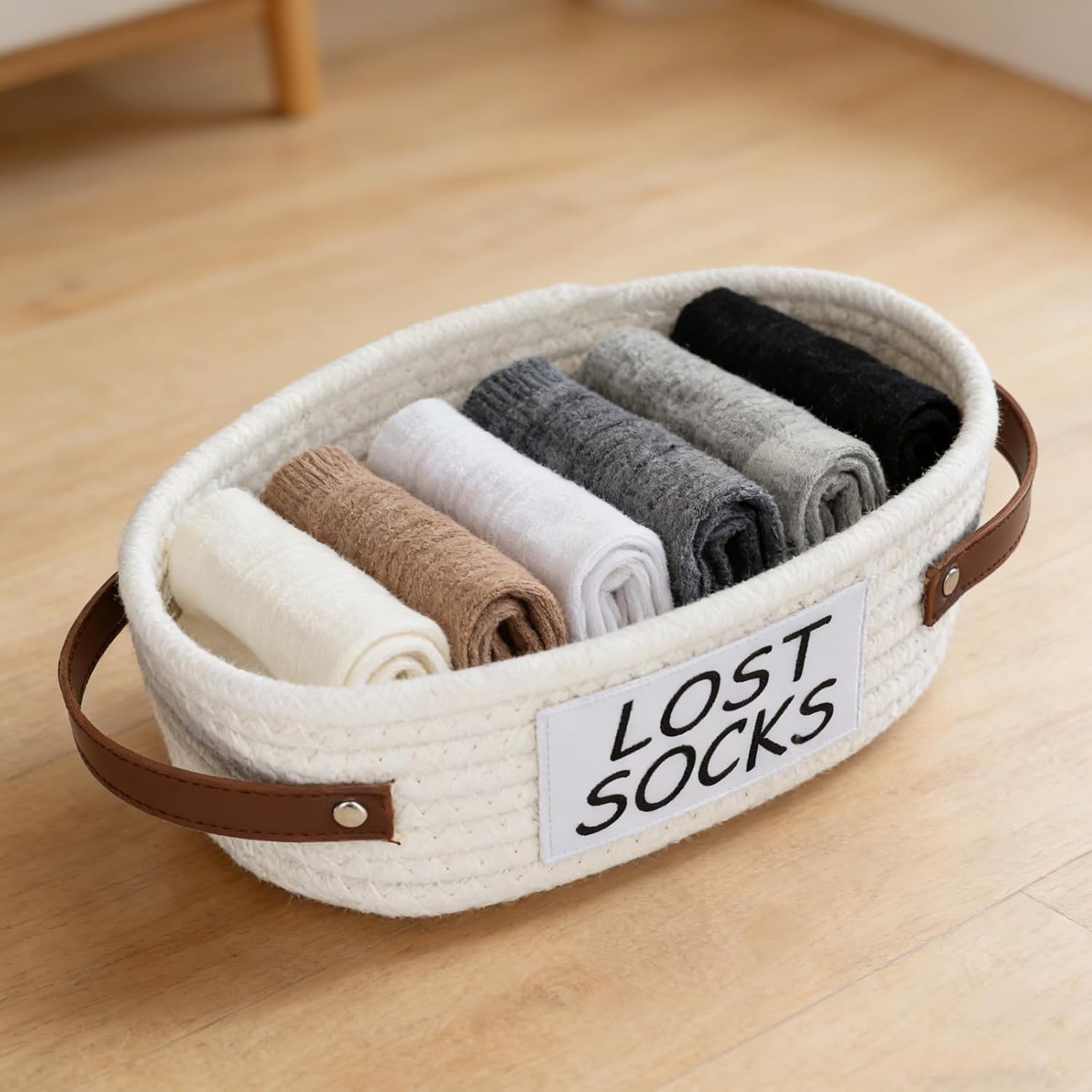 Lost Socks Basket for Laundry Room, Cotton Rope Sock Basket with Handles, Large Woven Storage Bin for Unmatched Socks, Laundry Room Organization and Decorative Home Storage Box,White