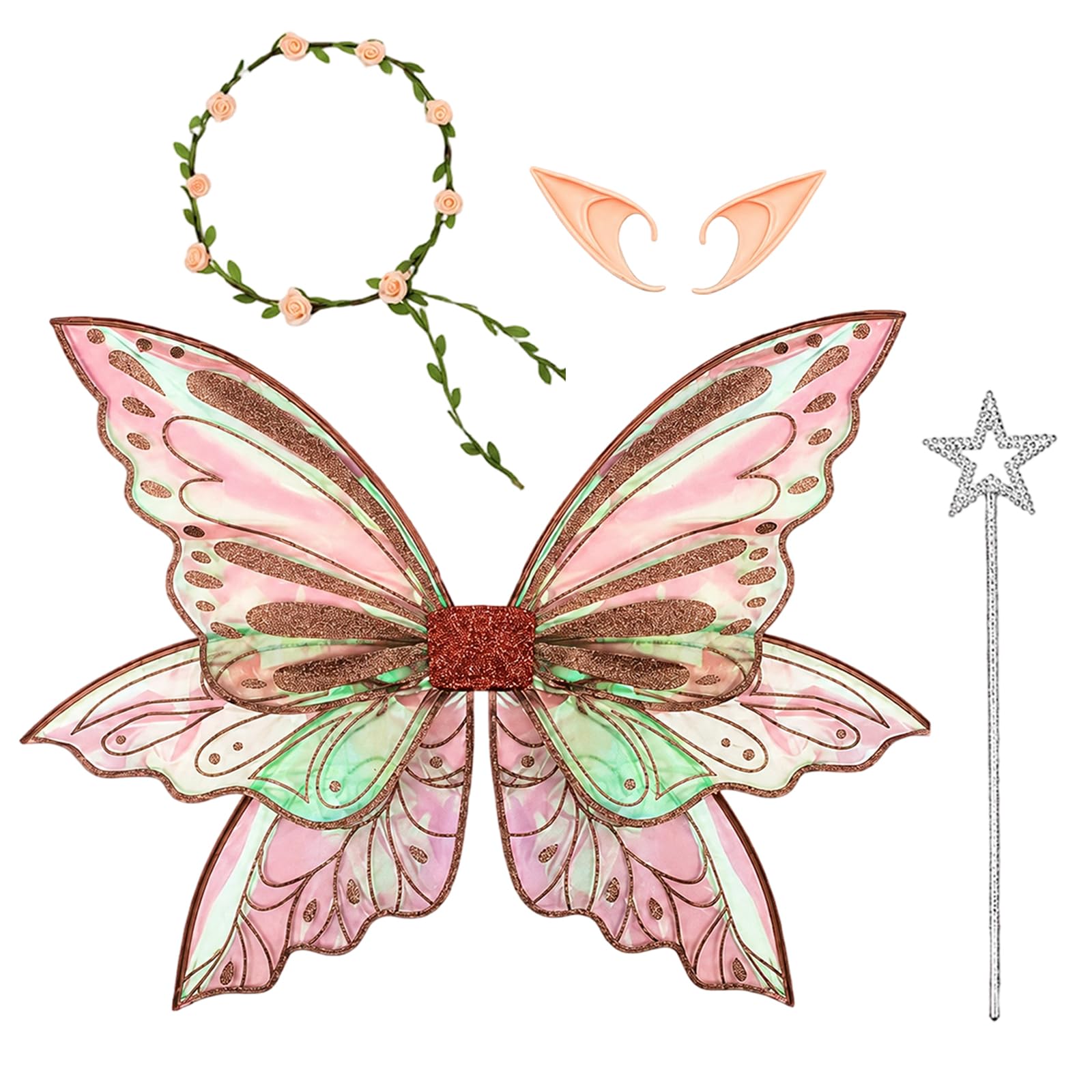 Fairy Wings, Halloween Costumes, Strapless Fairy Wings for Cosplay Events and Costume Parties, Large Brown Wings with Elf Ears and Fairy Wand, Halloween Costume Accessories
