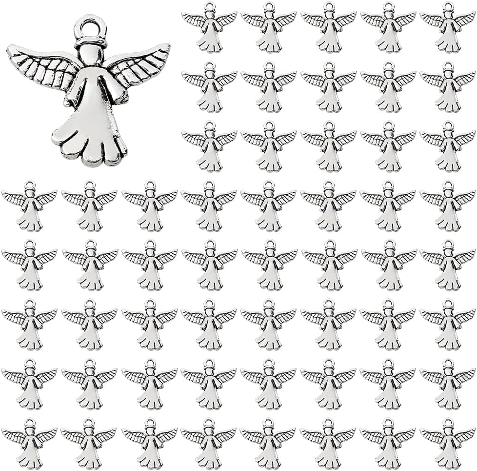 DICOSMETIC 80Pcs Angel Charms Pendants Small Guardian Charms Metal Religious Charm Antique Silver Tibetan Charm for Bracelet Necklace Earring Jewelry Making, Hole: 2mm