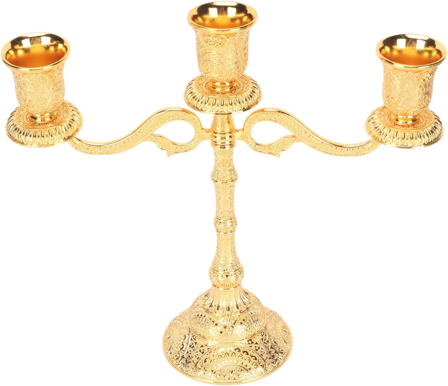 3 Arms Alloy Candelabra, Vintage Style Elegant Candlestick Holder, Floral Carved Metal Candle Stand with Round Base and 3 Taper Cups, for Home Decor Wedding Party Centerpiece