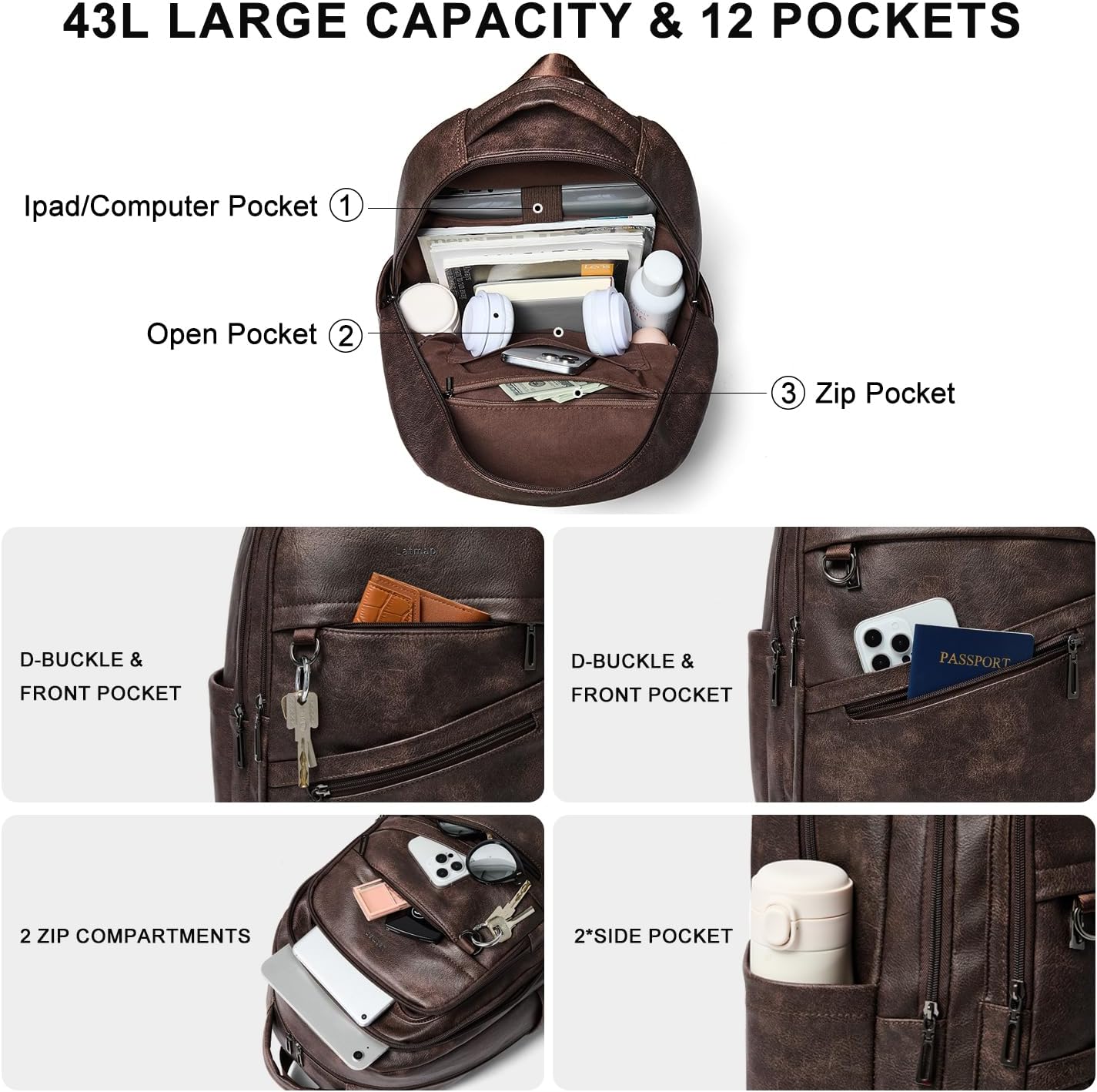 LATMAP 43L Backpack for Women Men - Vegan Leather Backpack Purse Travel Carry-on Bag College Bookbag Work fits 17" Laptop, Coffee