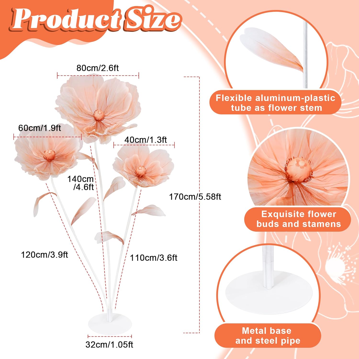 Giant Flowers for Decoration 5.58FT Big Flowers with Stand Base Large Artificial Silk Floral for Wedding Birthday Party Window Display Outdoor Decor (Orange) - Image 3