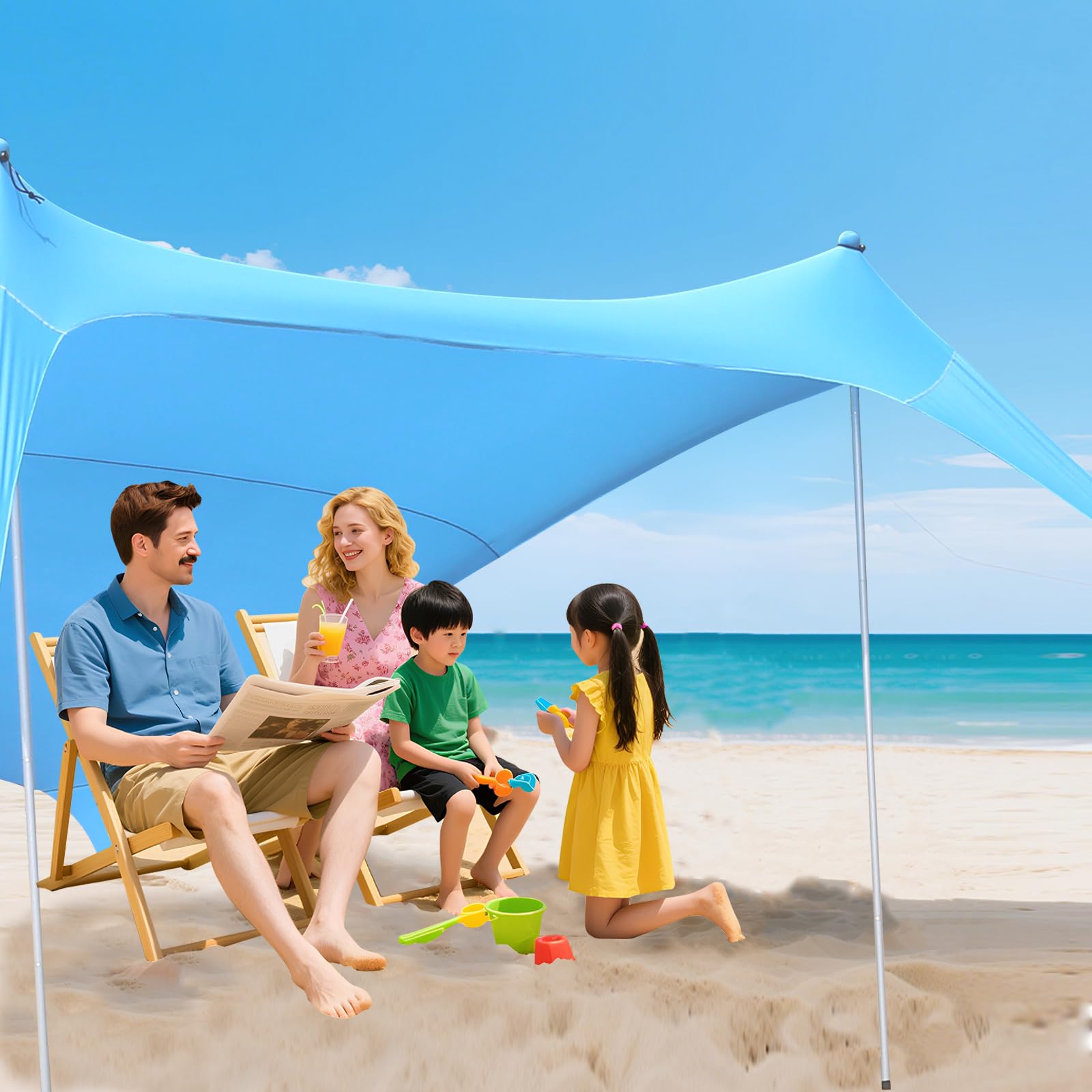 Namiot plażowy, ochrona przed słońcem, UPF 50+, przenośny, wysuwany baldachim, z kotwicami do worka piaskowego i 2 drążkami, na kemping, plażę, podwórko, piknik, rodzinny, błękitny