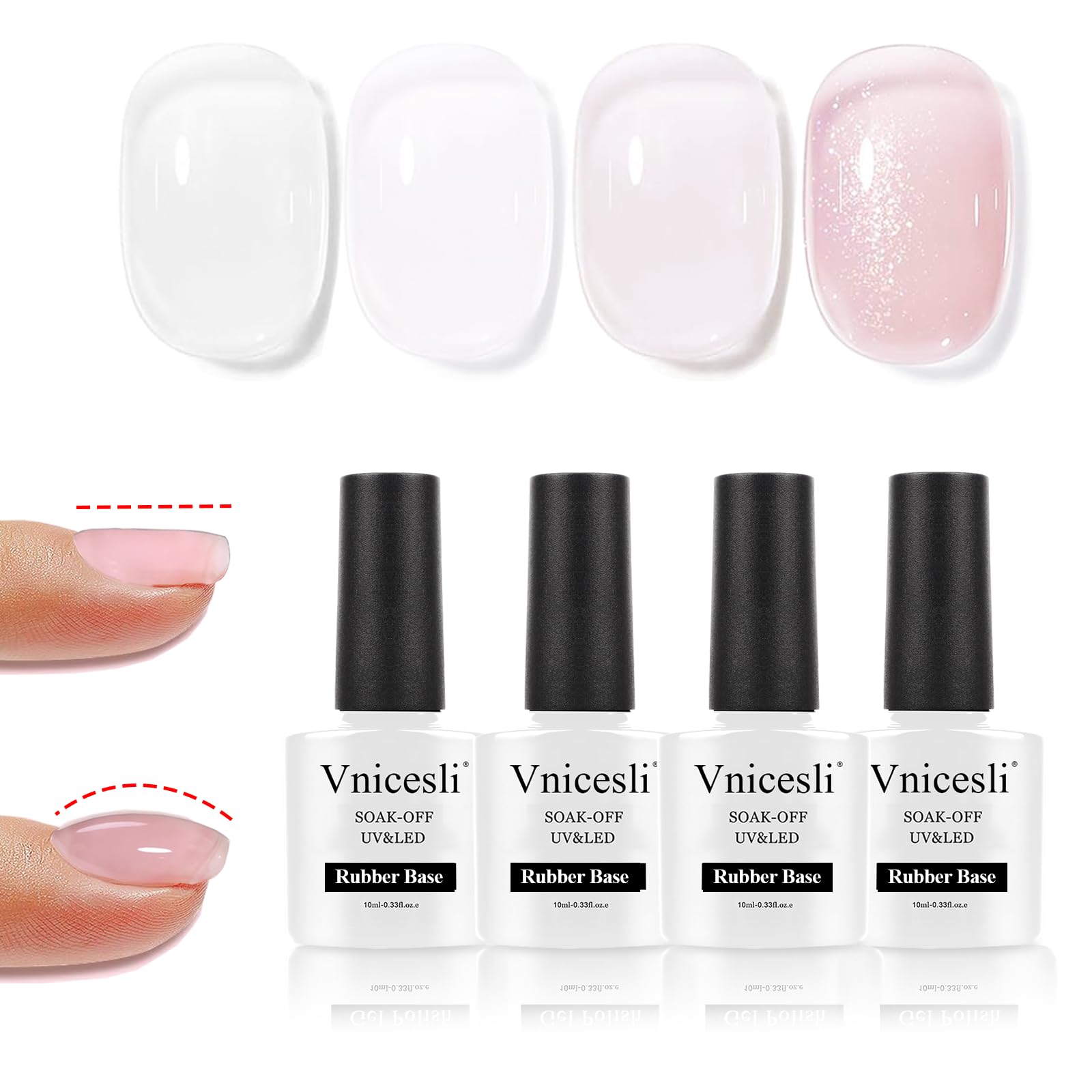 Vnicesli 4 in 1 Base Rubber Gel, 4 Colori Trasparente Smalto Semipermanente Clear Bianco Latte Rosa Glitter, Elastic Rubber Base Coat Soak Off UV/LED Smalto Rinforzante Unghie - Kit 04-24