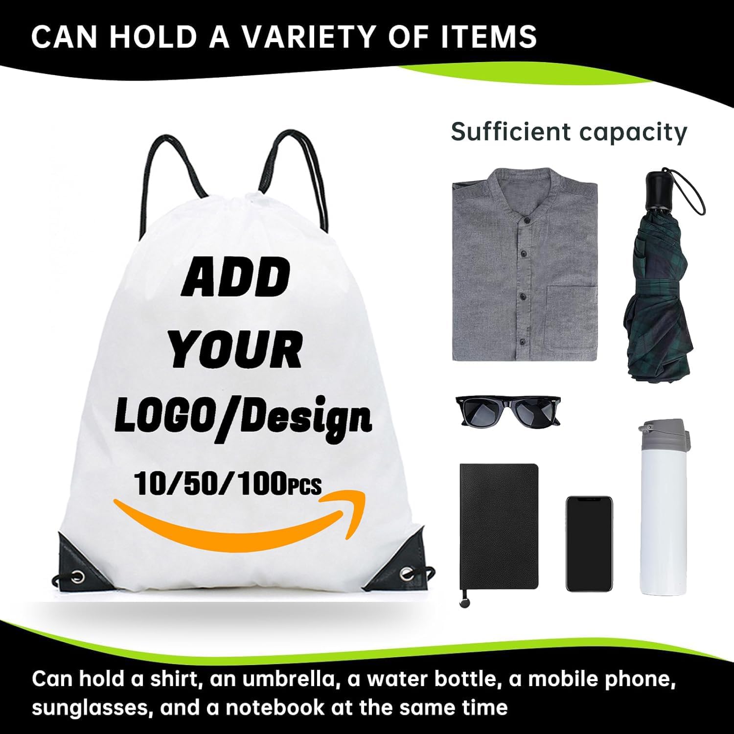 Custom Drawstring Backpack 10/50/100/200 Pcs Personalized Bulk Sport Draw String Bags with Logo, Text, Design, Customized Promotional Items White New