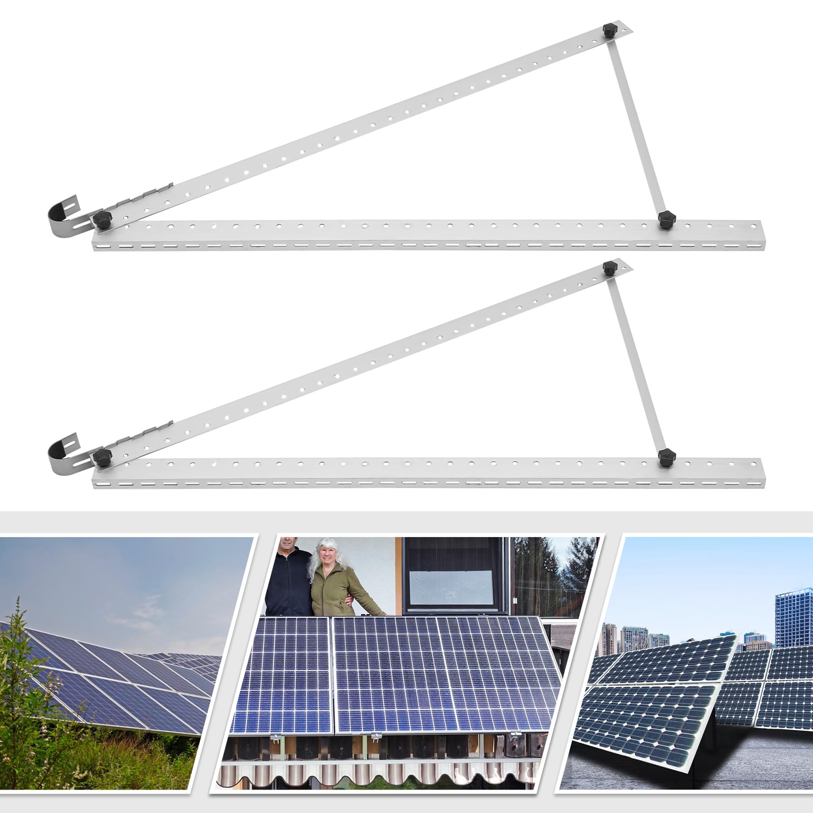 Soporte de montaje para panel solar, aluminio y acero inoxidable, plata, ángulo de inclinación de 0-90°, juego de 2 para propietarios solares y clientes respetuosos con el medio ambiente