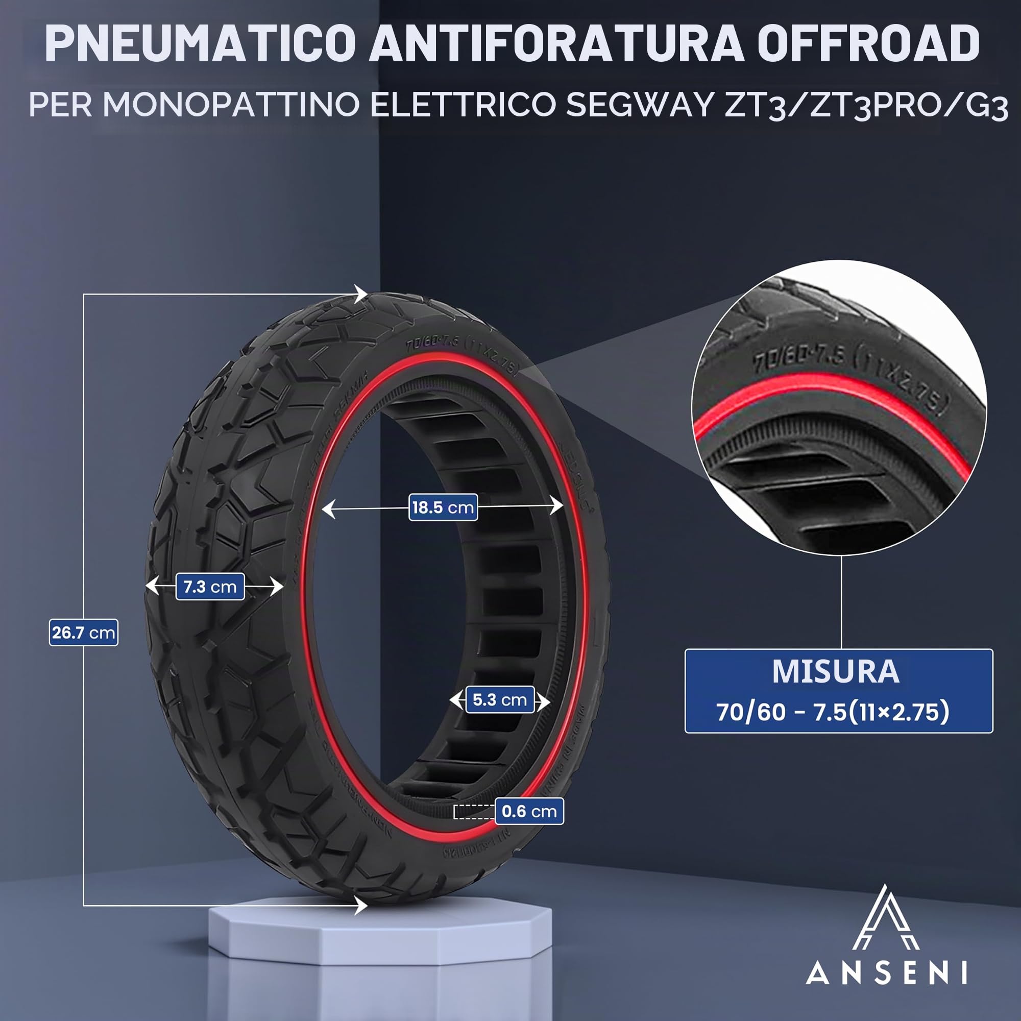 ANSENI Ruote Monopattino Elettrico 70/60-7.5,Gomme Anti-foratura 11x2.75 per Scooter Elettrico Monopattino Segway Ninebot ZT3 / ZT3 PRO / ZT3 PROE per Ruota Anteriore o Posteriore (1 ruota) | Per monopattino Segway Ninebot ZT3 / ZT3 PRO / ZT3 PROE, compat