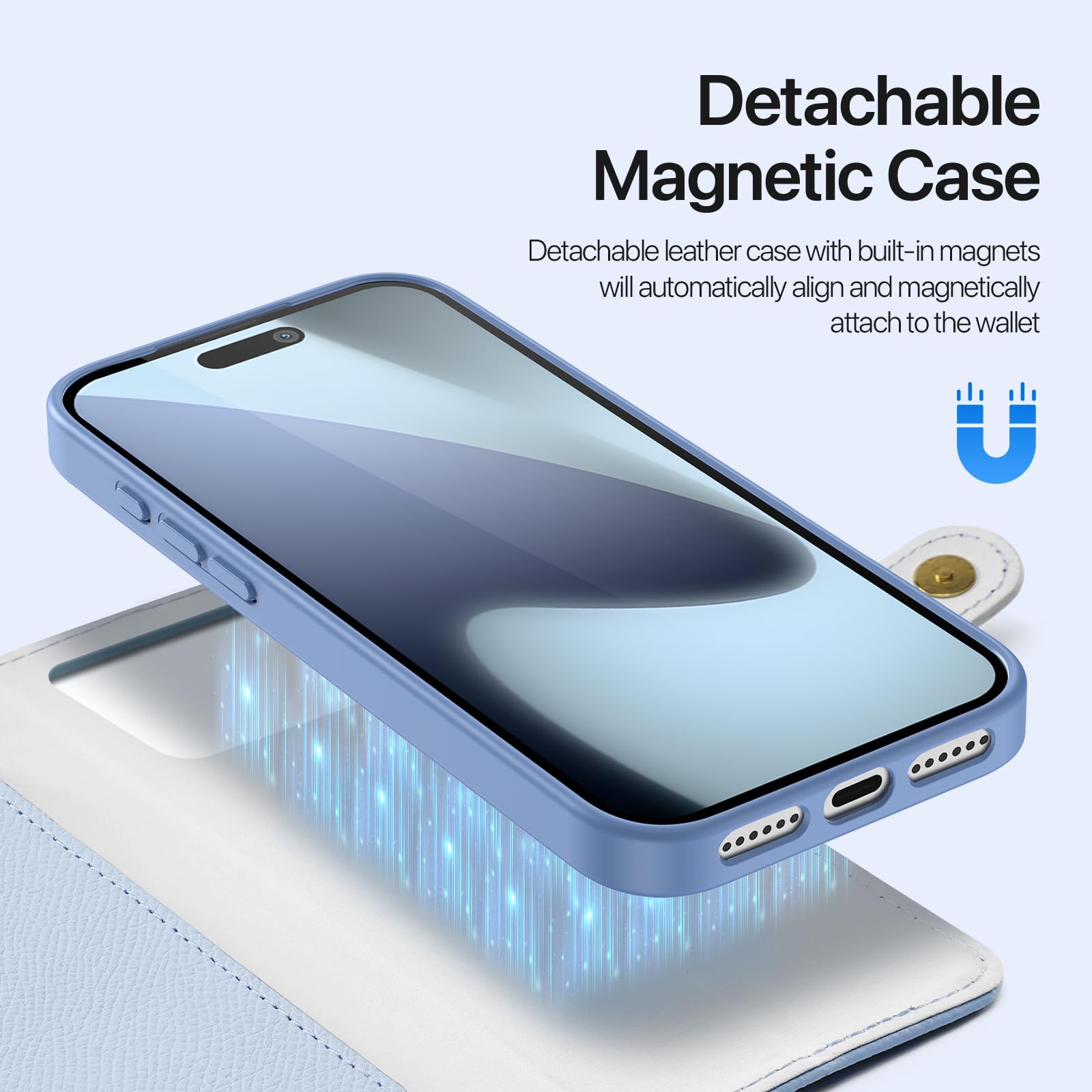 Etui portfelowe na iPhone'a 17, kompatybilne z Magsafe 2 w 1, magnetyczne, zdejmowane etui na karty blokujące RFID, skóra PU, zamek błyskawiczny, etui ochronne z paskiem na nadgarstek, niebieskie