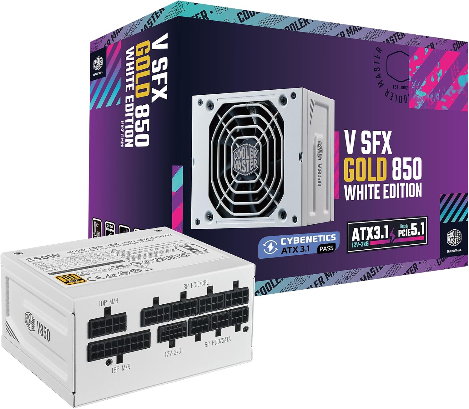 V850 SFX Gold ITX SFF Power Supply, PCIe 5.1 Ready White | Certification Cybenetics Gold & Noise A-, 80 PLUS Gold, 850W, Mini-ITX & SFF Systems, ATX 3.1, 12V-2x6 Cable, Fully Modular