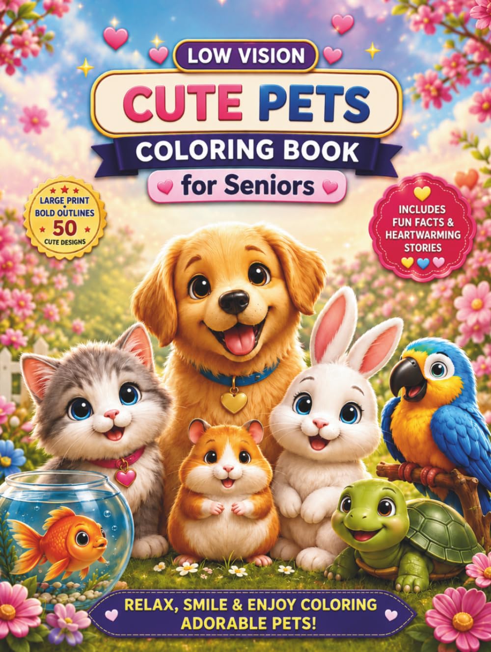 Low Vision Cute Pets Coloring Book for Seniors: Simple Large Print Dog, Cat, Bunny & Bird Designs with Bold Outlines for Relaxation and Stress Relief: ... for Seniors and Adults with Low Vision