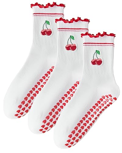 Mokde Mondge Pilates Socks with Non-Slip Grips Yoga Grippy Barre Workout Athletic Crew Anti-Slip Grip Socks for Women - 5-10 - 3 Pairs Red Cherry Ruffle