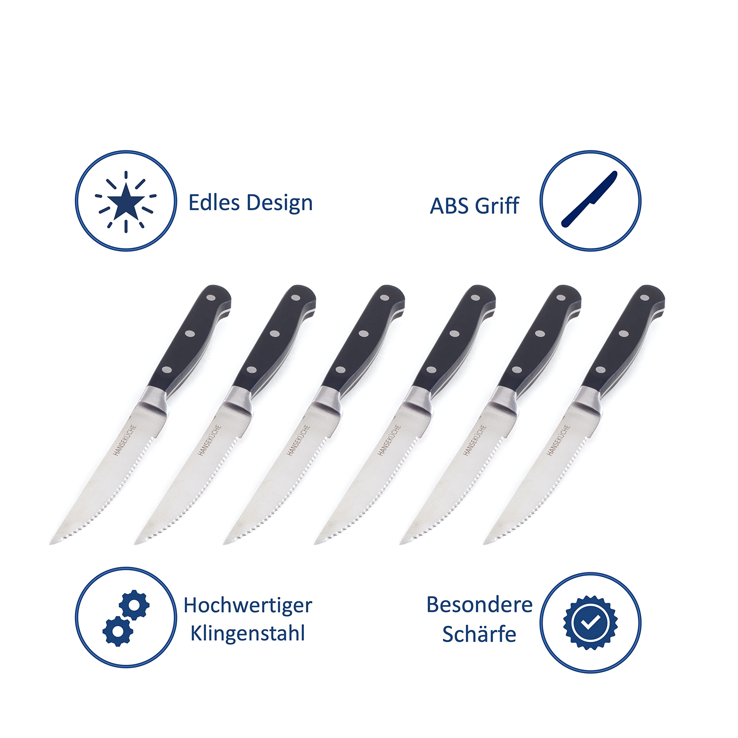 Hanseküche Set di Coltelli da Bistecca – 6x Coltelli da Bistecca di Alta Qualità con Manico in Legno – Elegante Set di Posate in Acciaio Speciale Inossidabile con Lama Seghettata e Confezione Regalo