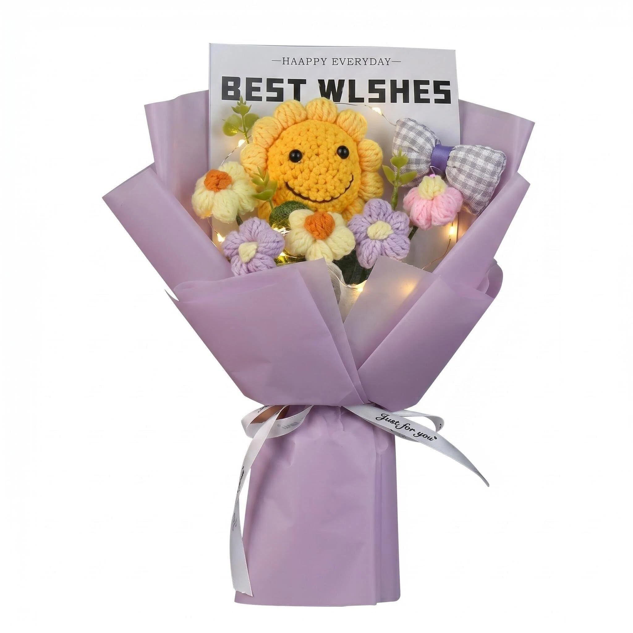 Handmade Crochet Flower Bouquet With String lights – Knitted Sunflowers & Yarn Daisy Arrangement, Everlasting Crochet Flowers Gift for Mum, Teachers, Birthday, Valentine’s, Graduation(Purple)
