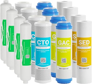Max Water 2-Year Reverse Osmosis Replacement Filter Set -16 Filters for Standard 5 Stage Under Sink RO Systems Includes Standard 10" Sediment SED, GAC, CTO & Inline Carbon Filter