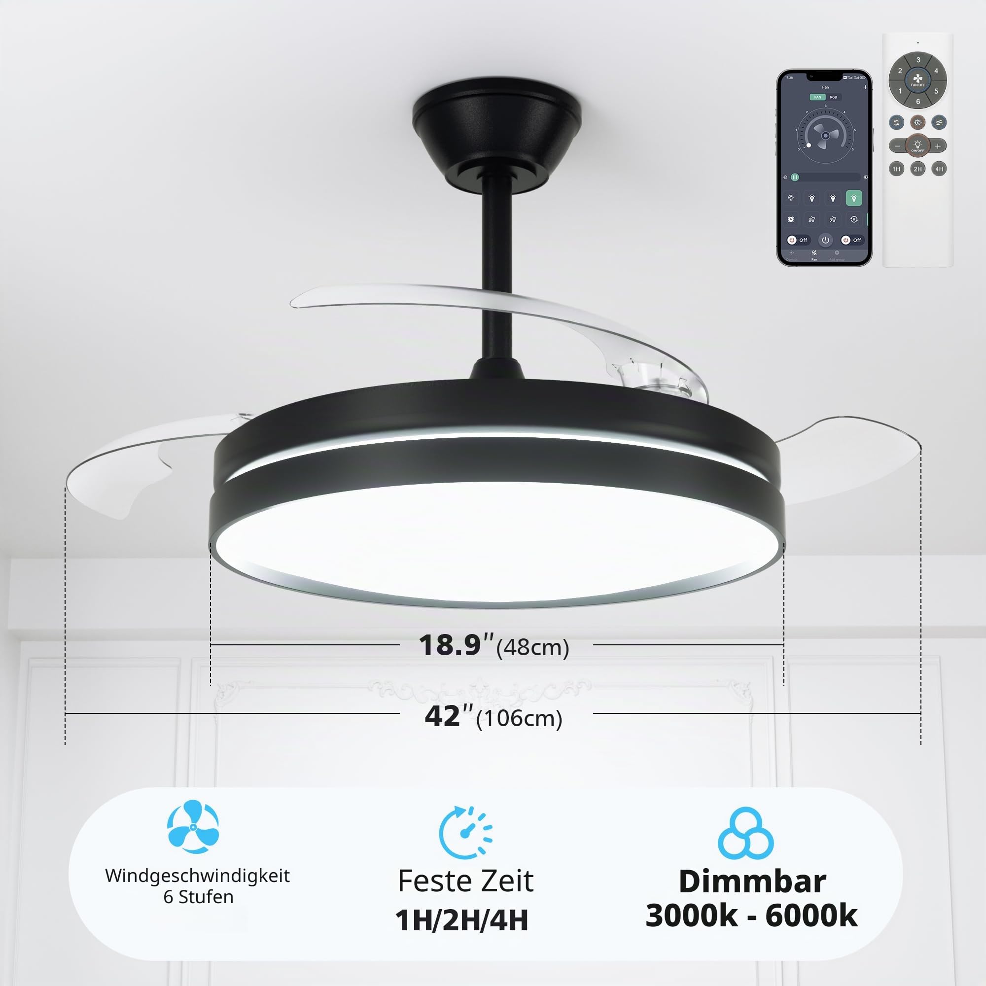 NIORSUN Deckenleuchte mit Ventilator, Deckenventilator mit Beleuchtung, App und Fernbedienung,Schwarz