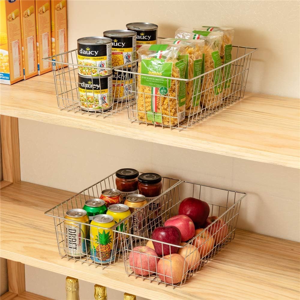 blitzlabs Wire Storage Basket Freezer Organizer Bins Metal Wire Baskets Storage for Organizing Fridge, Closets, Pantry, Cabinet, Kitchen, Garage, Bathroom & More,Chrome, 4Packs