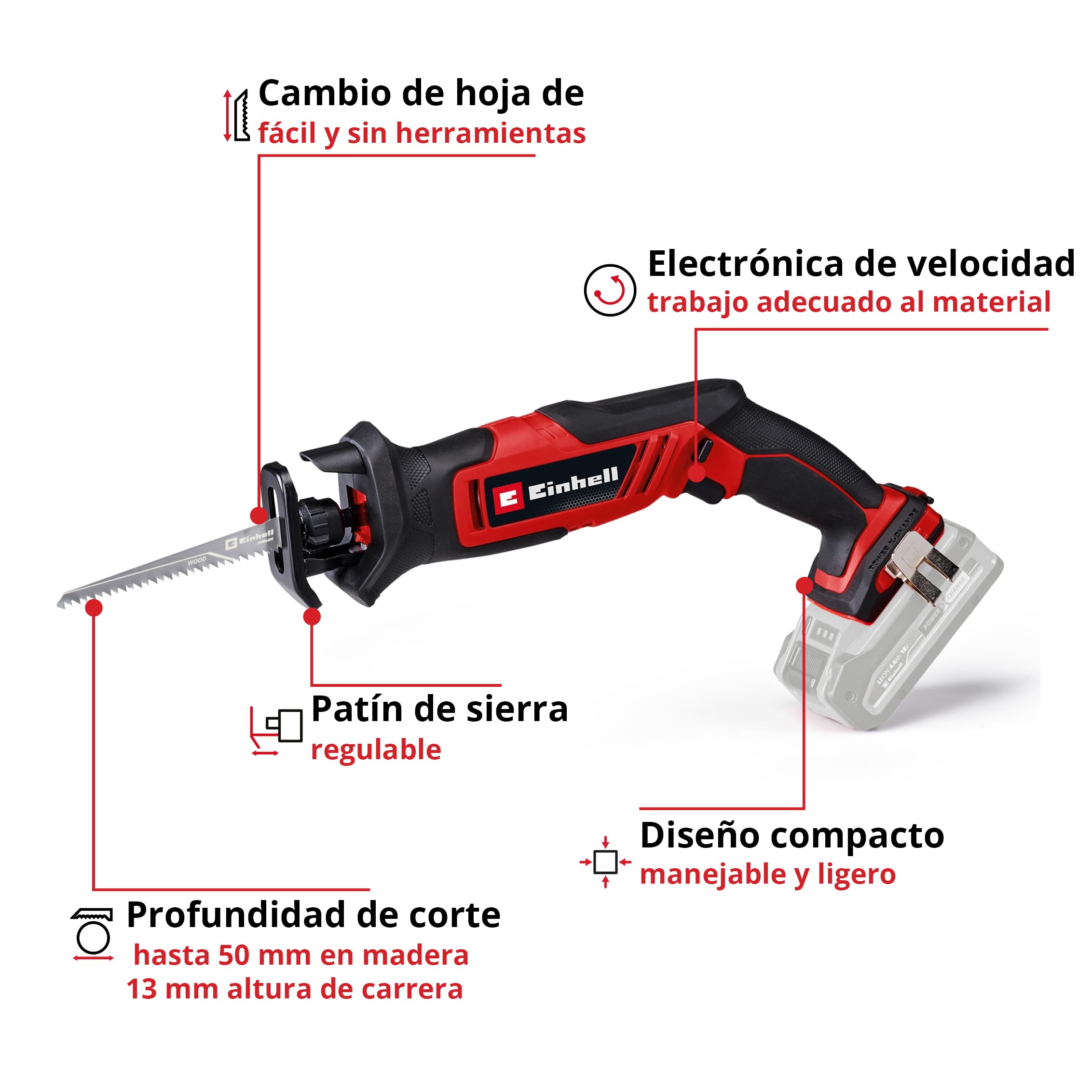 Einhell Sierra universal con batería TE-AP 18/13 Li-Solo Power X-Change (18 V, 13 mm altura de carrera, 50 mm profundidad de corte en madera, diseño manejable, incl. accesorios, sin batería)