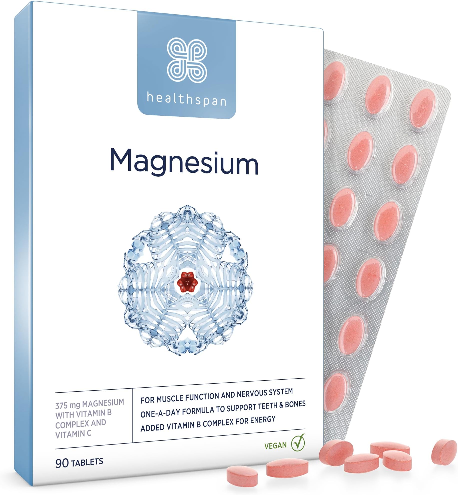 Healthspan Magnesium 375 mg | Addition of Vitamin C & Vitamin B Complex | Promotes Immune Health | Supports Bones, Teeth, Muscles and Nervous System | Vegan | 90 Tablets