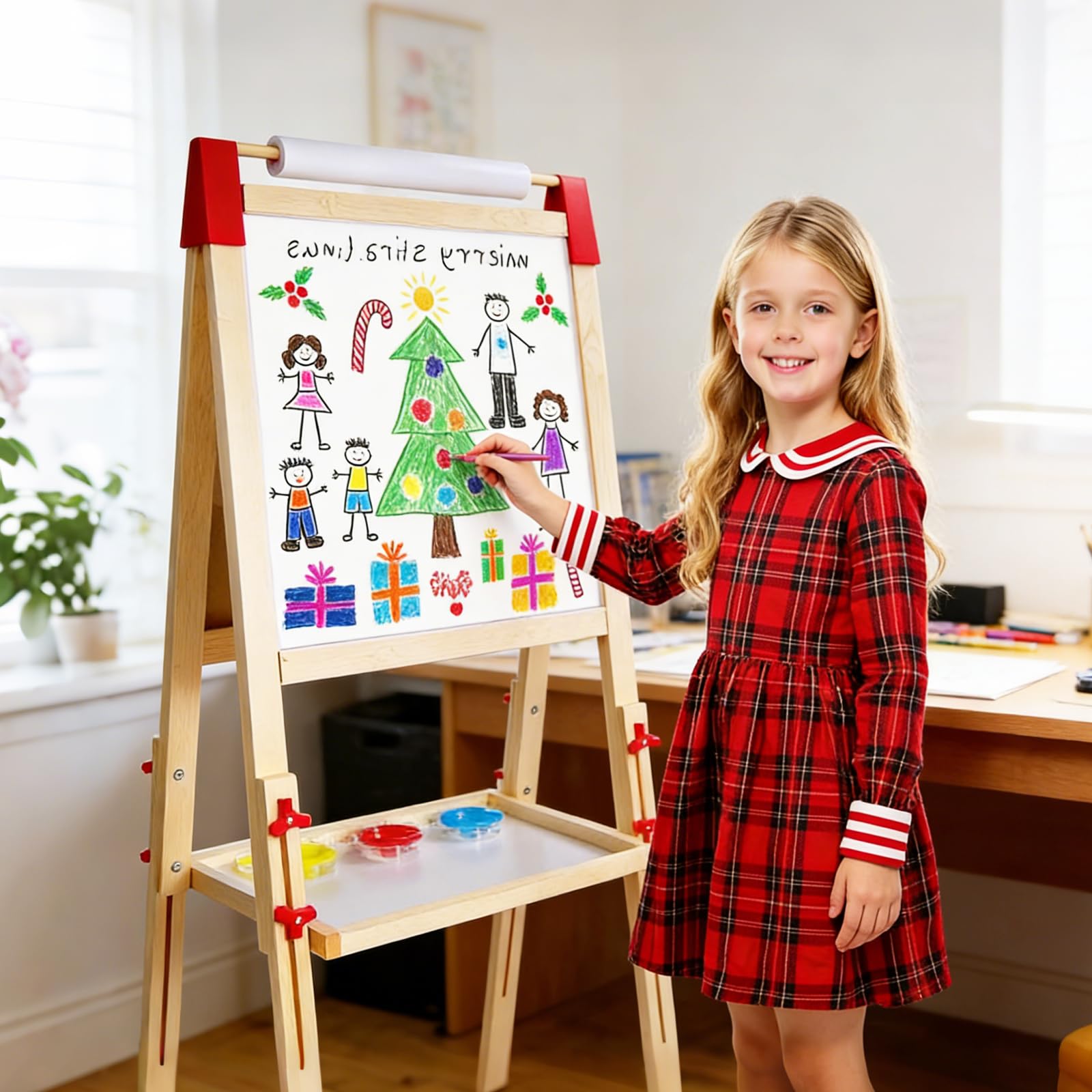 Set de Pizarra Infantil Doble Cara: Pizarra Blanca Infantil con Negro Magnético - Caballete Infantil de Madera Ajustable en Altura - Ideal para Niñas y Niños de 3 a 12 Años (White and Green)
