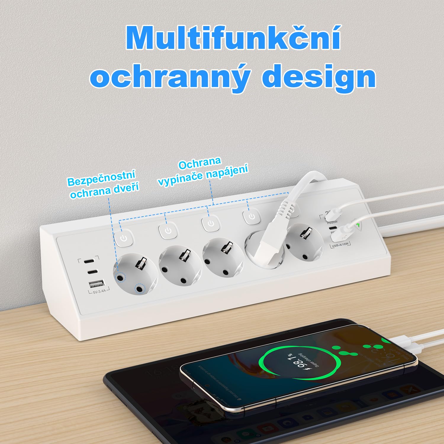 Regleta Enchufes de Esquina con USB C 20W, 5 Tomas Enchufe Multiple con 4 USB C y 2 USB A, Regleta Proteccion Sobretension con Interruptor, Enchufe de Mesa 1,8 m Cable para Cocina y Oficina, Blanco — view 5