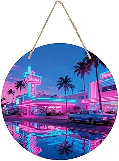 Vaporwave Street View Welcome Hanging Sign Plaque for Front Door Wall Decor, Funny Wooden Hanger, Rustic Minimalist Outdoor Wood Wall Art for Farmhouse Porch Or Entryway Home Decor