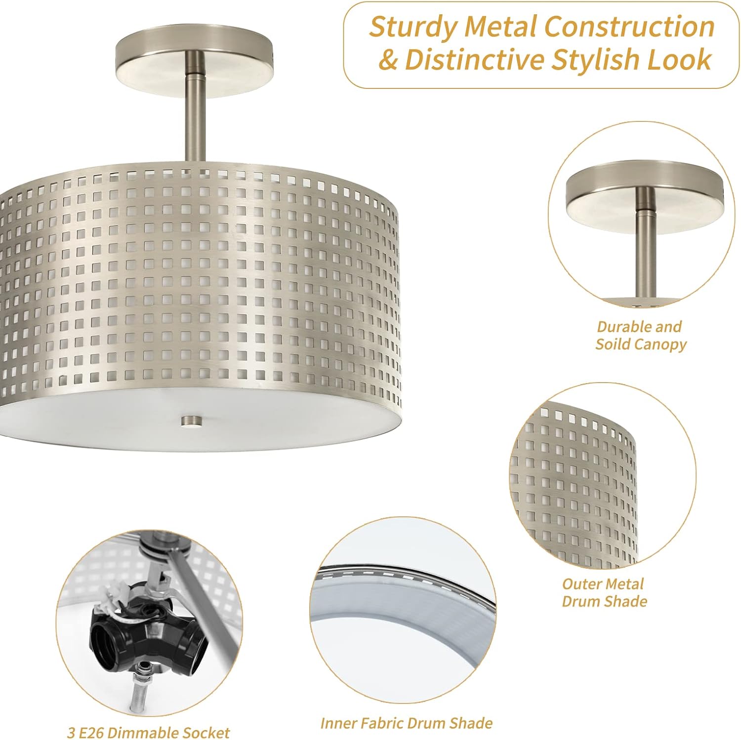 Ceiling Light Fixture - Easric 3-Lights Semi Flush Mount Ceiling Light Modern Light Fixtures Ceiling Mount with Metal Fabric Shade Drum Ceiling Lights for Bedroom,Hallway,Kitchen,Brushed Nickel Finish