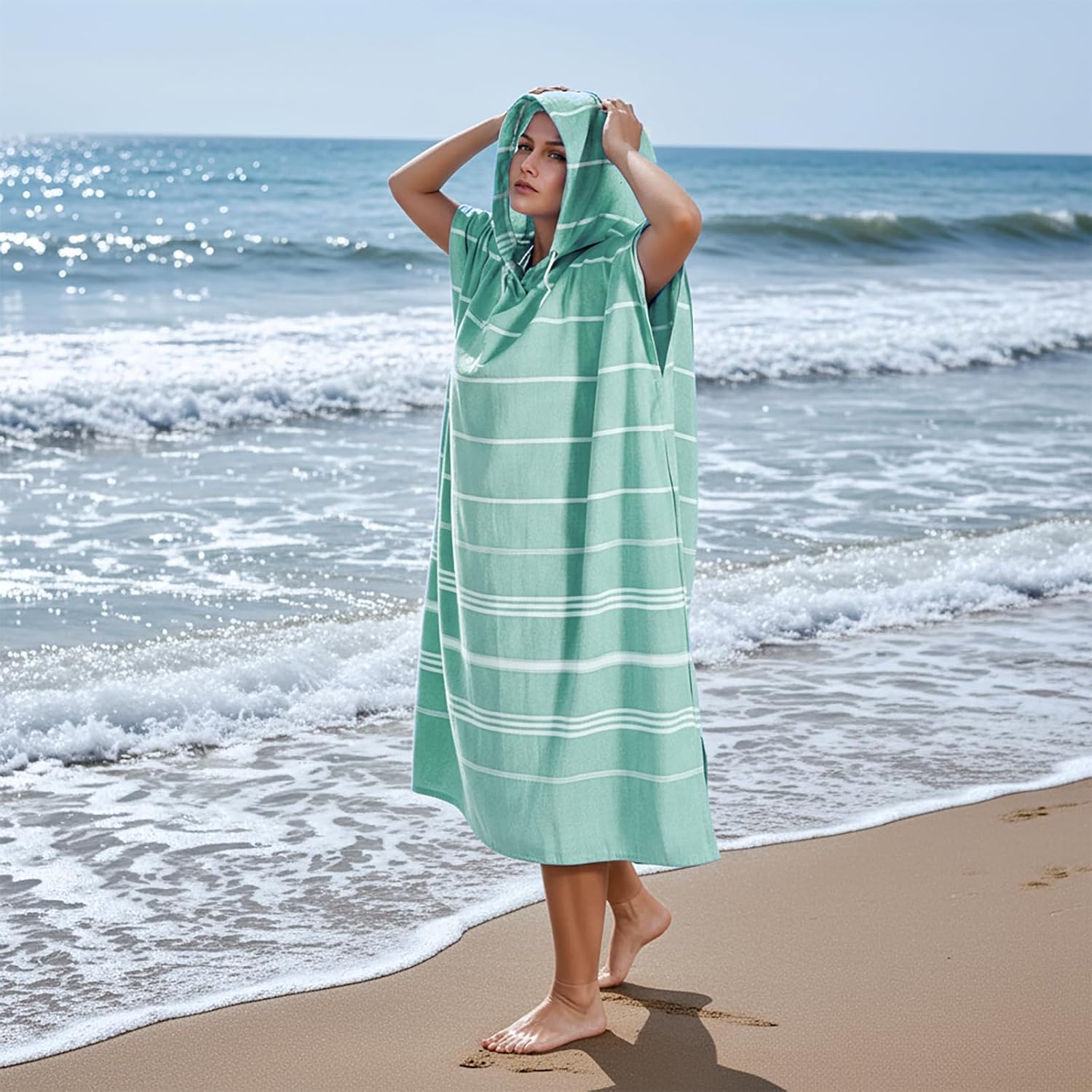 1pcs Cotton Turkish Towel Poncho Turkish Surf Poncho Changing Towels Wearable Beach Towel Hooded Swim Robe with Pocket Swim Cover Up for Adult Man Women Surf, Beach, Pool and Swim (Green, L)