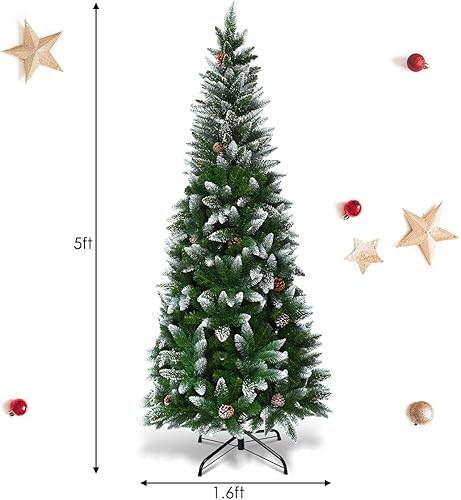 Miniatura 7 de GOFLAME Árbol de Navidad flocado de nieve de 5 pies, árbol de Navidad artificial con piñas y soporte de metal, decoración navideña tradicional para