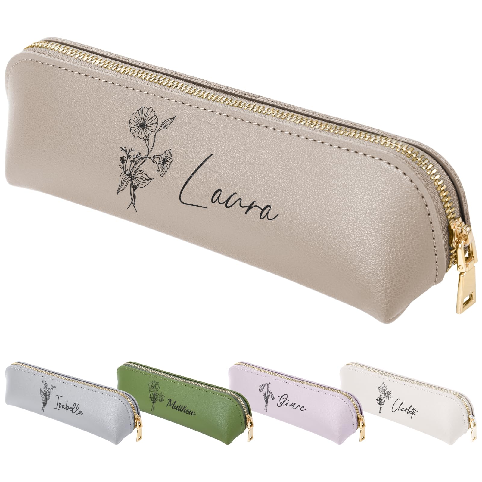 Fyore Bulk Custom Personalised Leather Pencil Case with Birth Flowers&Name- Slim Pen Bag with Metallic Zipper for Students & Office