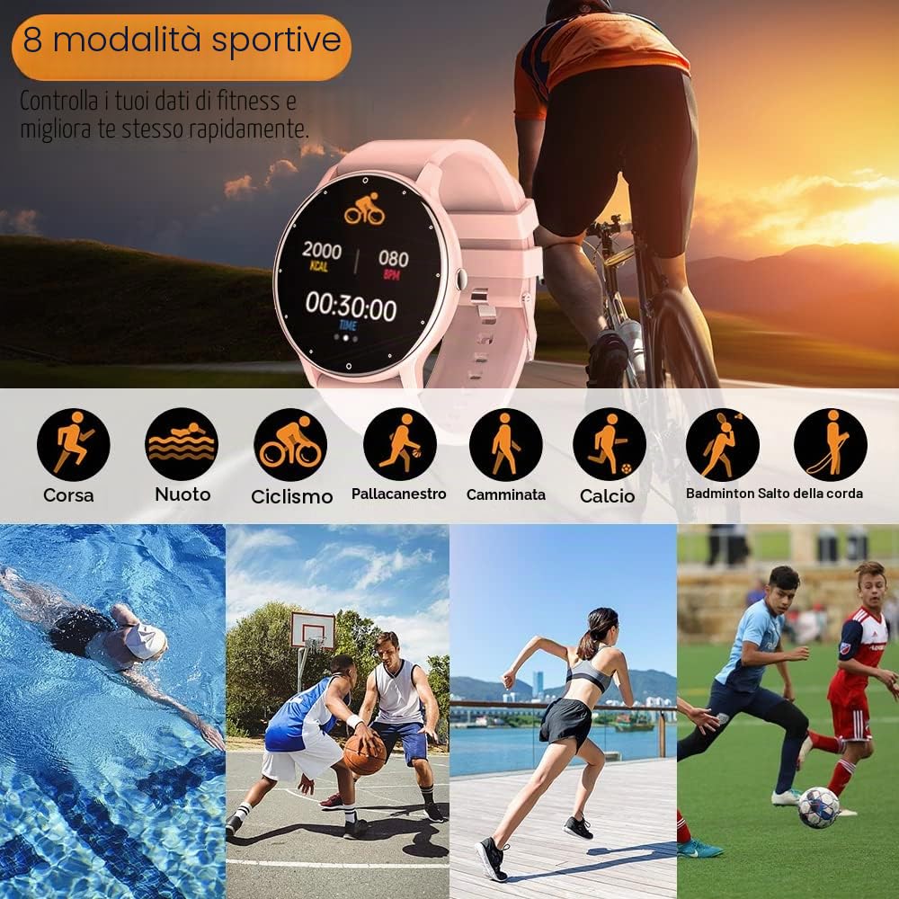 0,8cm Ultra Sottile Orologio Intelligente Tracker di Fitness Contapassi con Funzioni Monitoraggio di Frequenza Cardiaca, Pressione Sanguigna, Ossigeno nel Sangue e Sonno, Notifica Push Messaggio