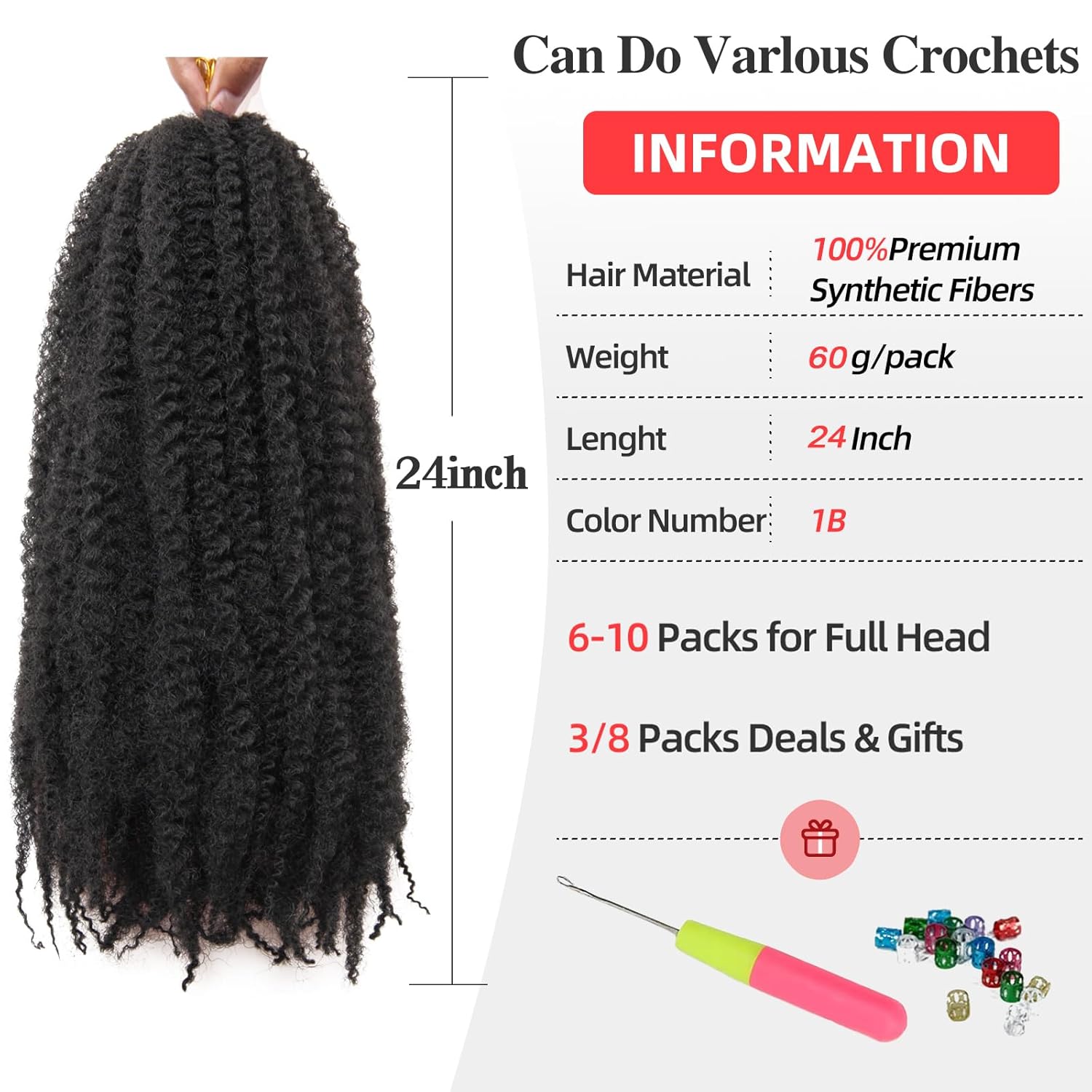 Marley Twist Braiding Hair 24 Inch Marley Twist Hair 8 Packs Cuban Twist Hair Afro Kinky Crochet Hair Synthetic Marley Hair Extensions (24 Inch(Pack of 8),1B)