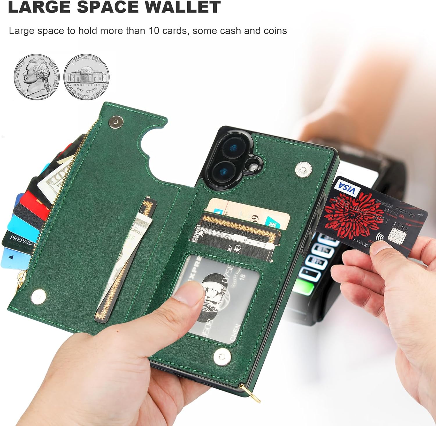 Bocasal Crossbody Wallet Case for iPhone 16 Plus with RFID Blocking Card Slot Holder, Magnetic Flip Folio Purse Case, PU Leather Zipper Handbag with Detachable Lanyard Strap 6.7 Inch 5G (Green)