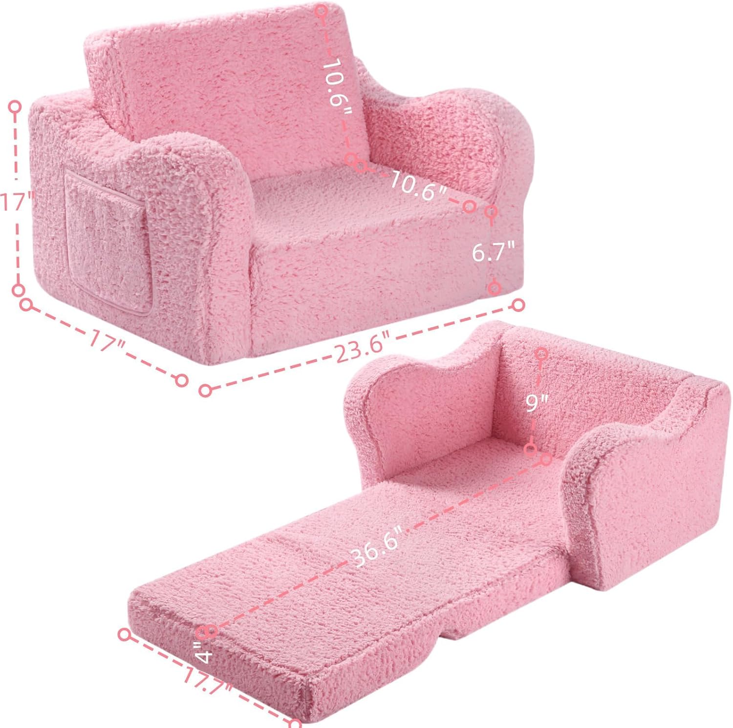 Kids Sofa, 2-in-1 Flip-Out Foam Couch with Soft Sherpa Cover, Cozy Play Lounge Chair, Pink - Image 3