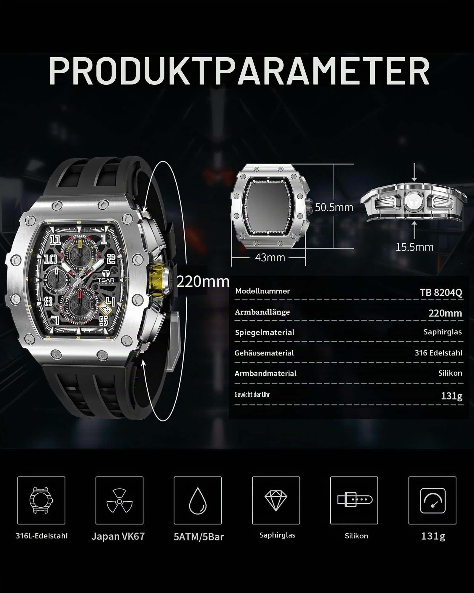TSAR BOMBA Luxusuhr für Herren mit Quarzwerk, leuchtendem Zifferblatt, 5 ATM wasserdicht, Silikonarmband – Business-Herrenuhr als Festtagsgeschenk