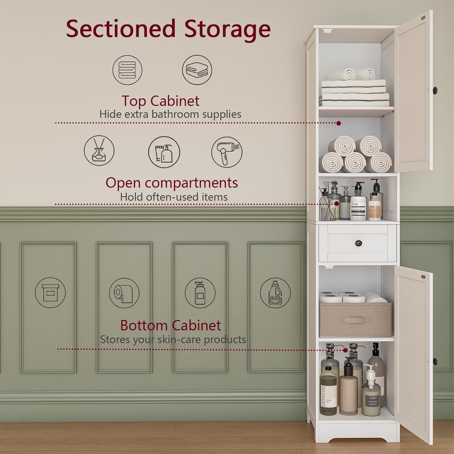 Tall Bathroom Cabinet,Storage Cabinet with 5 Shelves & 1 Drawer, with Ajustable Shelve, for Bathroom, Kitchen, Entryway, Living Room(White)