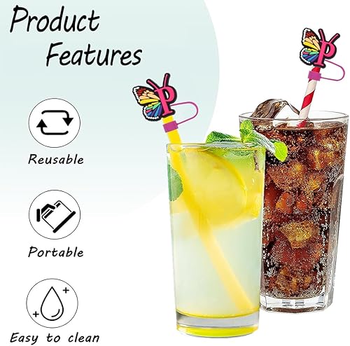 Miniatura 4 de 1 funda de popote con forma de mariposa con letra inicial para Stanley de 30 y 40 onzas, copa de 0.4 pulgadas, 3 piezas de dijes de letras de