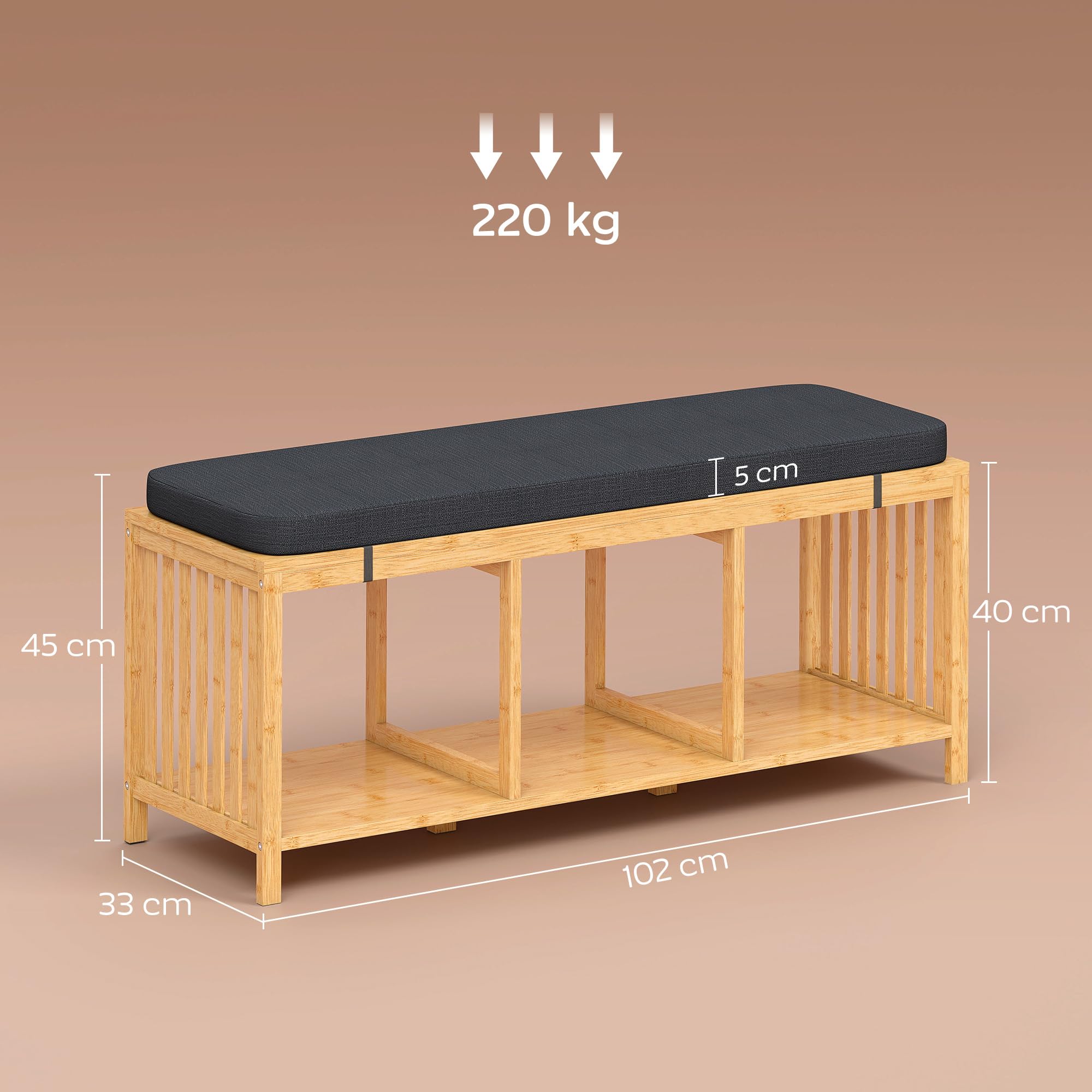 HOMCOM Schuhbank mit Sitzfläche mit Stauraum 102 x 33 x 45 cm Naturholz | Schuhregal, Sitzbank aus Bambus mit Offener Ablage, Leinenoptik, für Flur und Eingangsbereich
